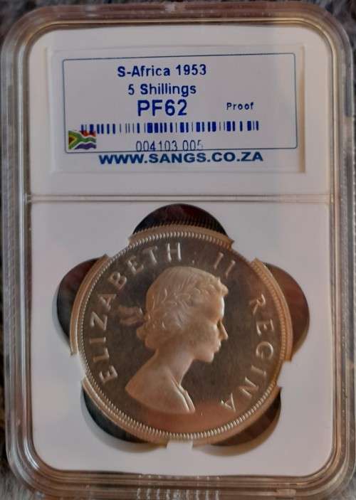 SA 1953 SILVER 5 SHILLINGS SANGS GRADED PROOF 62