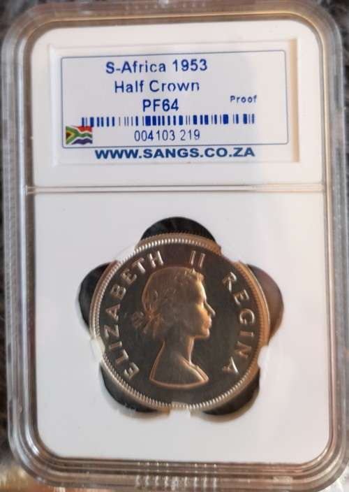 SA 1953 SILVER HALF CROWN SANGS GRADED PROOF 64