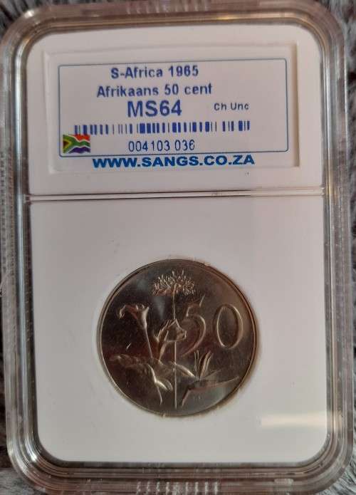 SA 1965 AFRIKAANS 50C GRADED BY SANGS MS 64!!!!!!!!  CHOICE UNCIRCULATED!!  NOT OFTEN SEEN