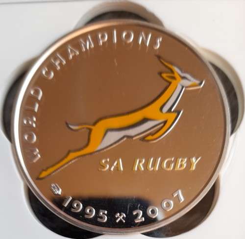 2007  MANDELA - WORLD CUP RUGBY 1OZ SILVER MEDAL WITH ENAMELLED SPRIGBOK SANGS GRADED PROOF 65!!!!!