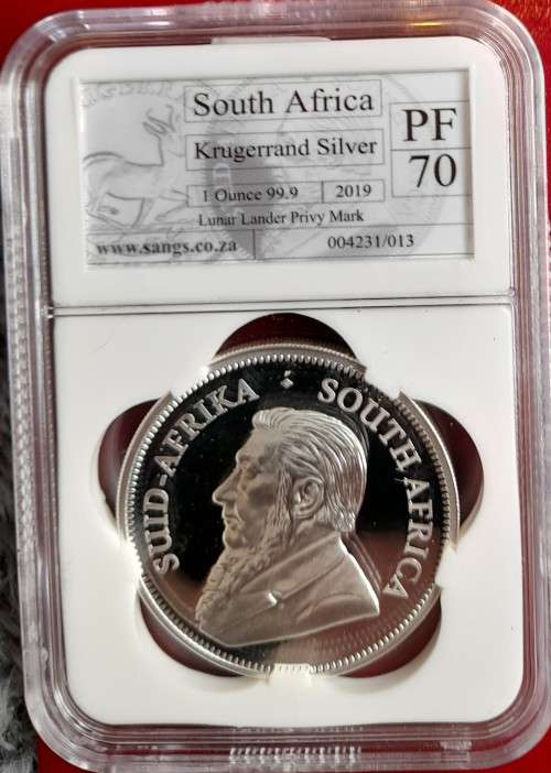 SA 2019 1 OZ SILVER KRUGERRAND WITH LUNAR LANDER PRIVY MARK SANGS  GRADED PROOF 70!!!!  PERFECT!!!!!