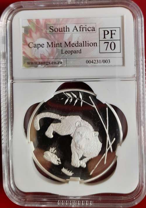 SA CAPE MINT SILVER MEDAL THE LEOPARD SANGS GRADED PROOF 70!!!!!!  PERFECT GRADE!!!!!!