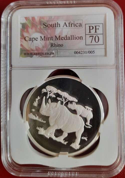 SA CAPE MINT SILVER MEDAL THE RHINO SANGS GRADED PROOF 70!!!!!!  PERFECT GRADE!!!!!!