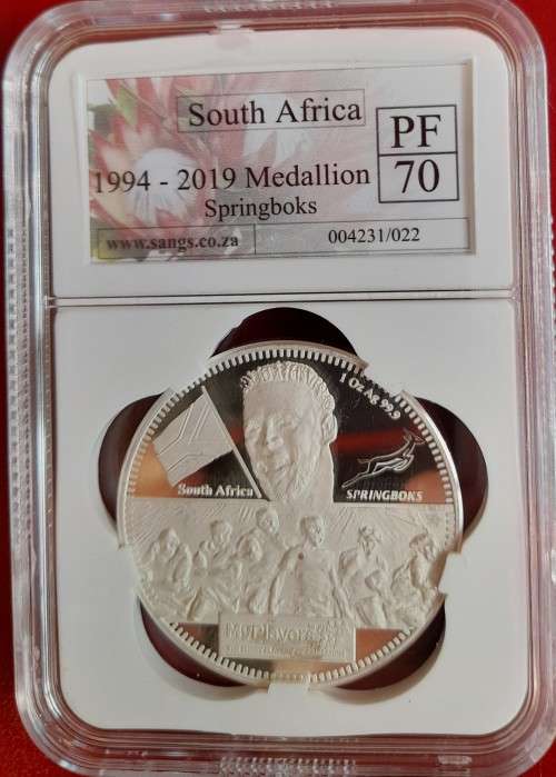 SA 1994 to 2019 CAPE MINT SILVER SPRINGBOKS MEDAL SANGS GRADED PROOF 70!!!! PERFECT!!!!!