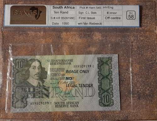 SA 1990 FIRST ISSUE ERROR  R10 NOTE SANGS GRADED OFF CENTRE AU58