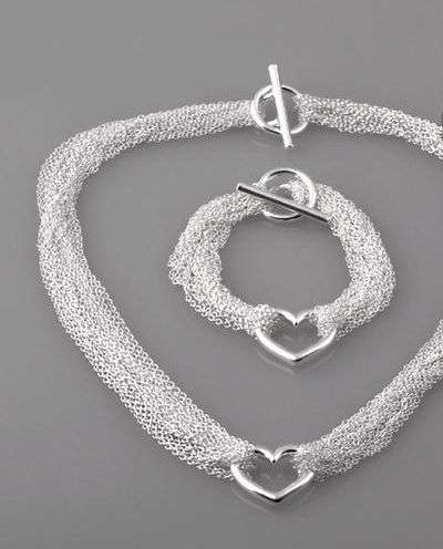 BEAUTIFUL SILVER MULTI STRING HEART NECKLACE AND MATCHING BRACELET SET-925 SILVER