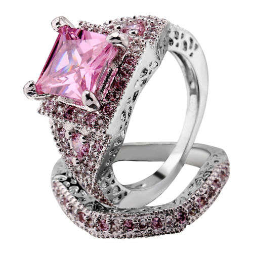 Ring - Beautiful Pink Sapphire Crystal 2 Pcs Ring Set - Size 8