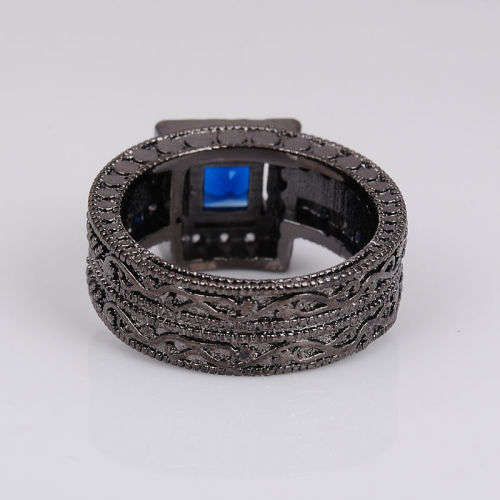 Stunning Black Gold Plated Blue & Clear Crystal Ring - Size 9