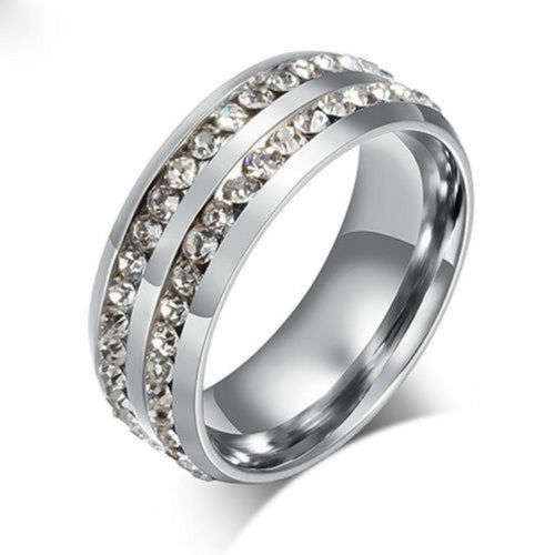 Stunning Mens/Womens Stainless Steel Crystal Ring - Size 8