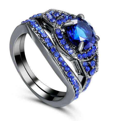 Stunning Black & Blue Crystal Ring  - Size 7