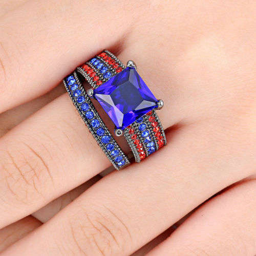 2 Pcs Beautiful Black, Red, Blue Crytsal Ring Set - Size 8