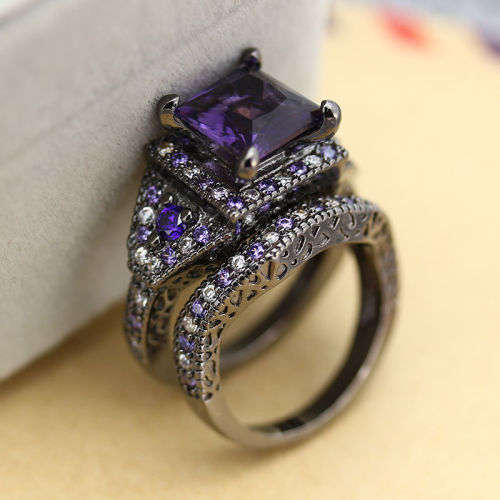 Beautiful Black Gold Filled 2 Pcs Ring Set - Size 8 + Complimentary Gift Box