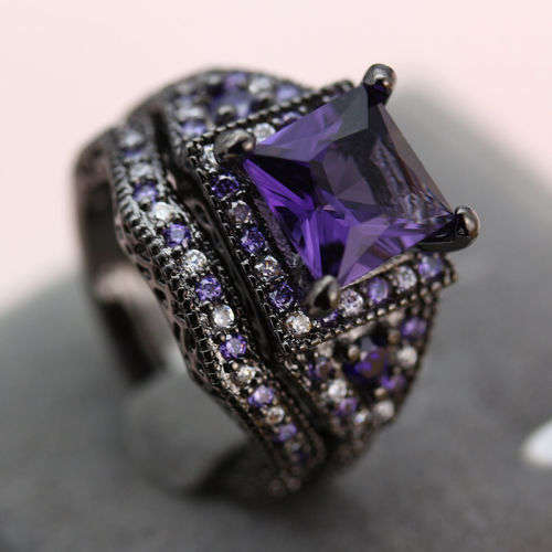 Beautiful Black Gold Filled 2 Pcs Ring Set - Size 8 + Complimentary Gift Box