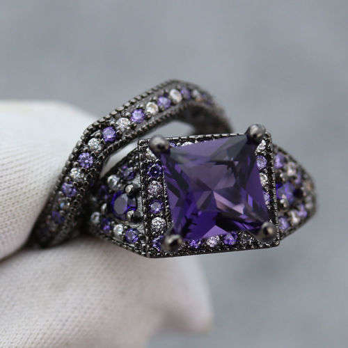 Beautiful Black Gold Filled 2 Pcs Ring Set - Size 8 + Complimentary Gift Box