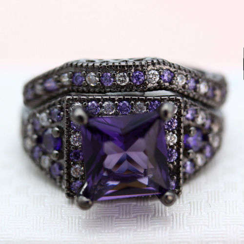 Beautiful Black Gold Filled 2 Pcs Ring Set - Size 8 + Complimentary Gift Box