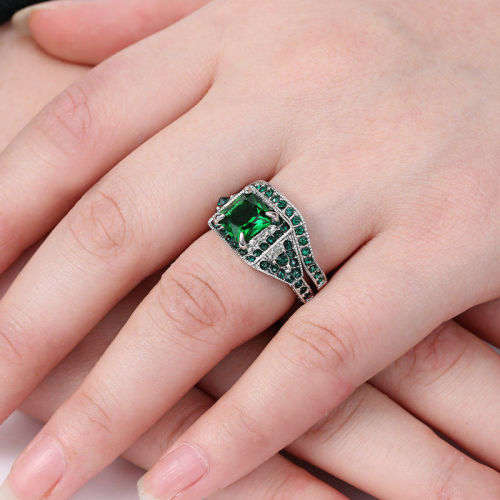 2 Pcs Beautiful Green Crystal Ring Set - Size 6