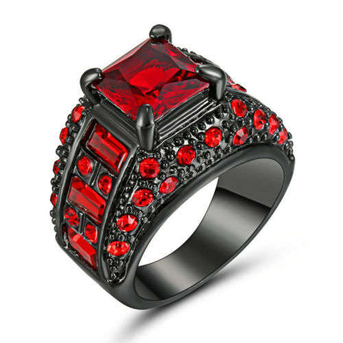 Stunning Black Gold Filled Ruby Red Crystal Ring - Size 6 1/2