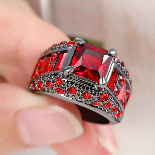 Stunning Black Gold Filled Ruby Red Crystal Ring - Size 6 1/2