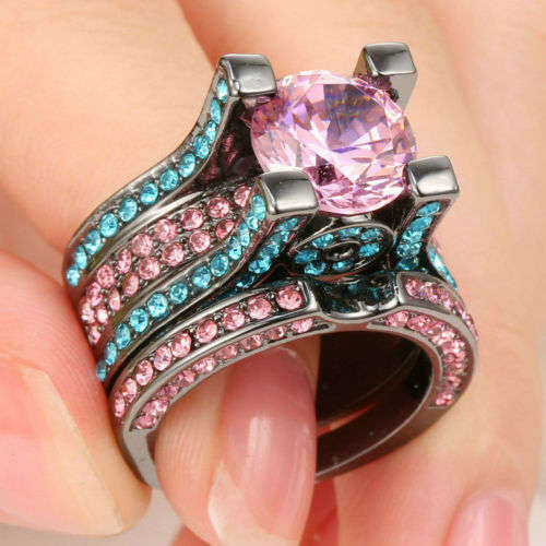 Beautiful 2 Piece Blue & Pink Crystal Ring Set - Size 7