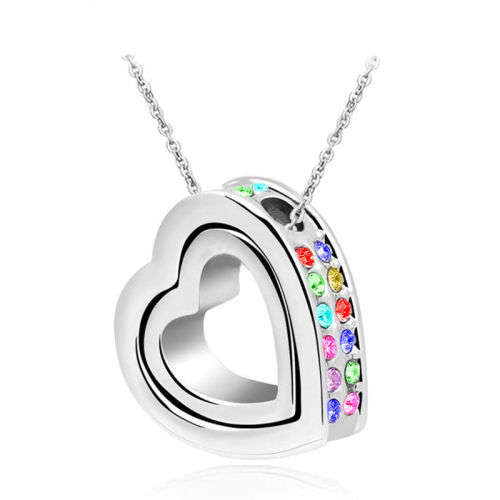 Beautiful Silver Heart Multi Colored Crystal Necklace