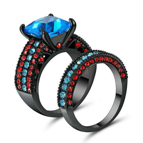 Gorgeous 2pcs/set Blue & Red Crystal Ring - Size 7 1/4