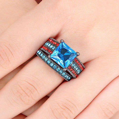 Gorgeous 2pcs/set Blue & Red Crystal Ring - Size 7 1/4