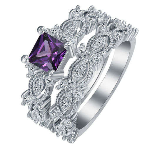 Luxurious 2 Piece Purple Crystal Ring Set - Size 8