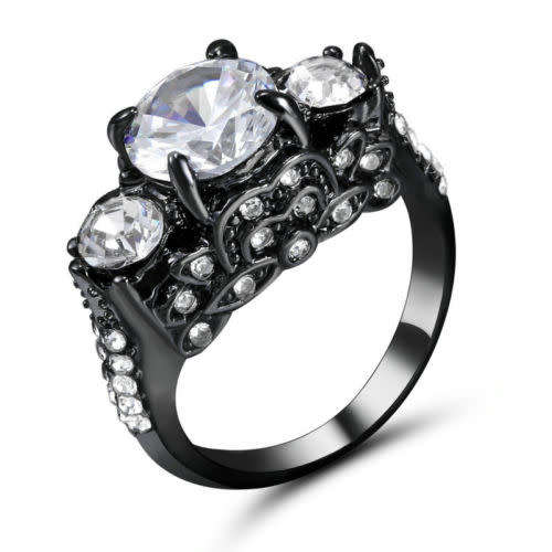 Beautiful Black Gold Filled White Crystal Ring - Size 6