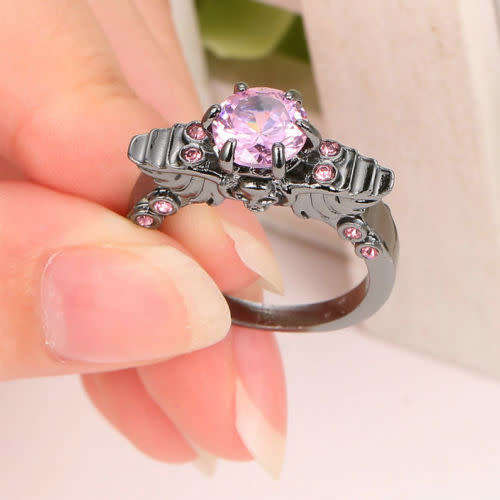 Beautiful Black Gold Filled Pink Crystal Ring - Size 9