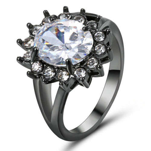 Stunning Black Gold Filled White Crystal Ring - Size 6