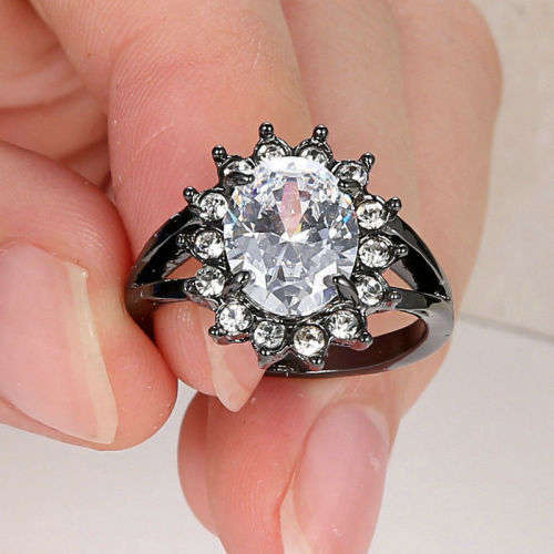Stunning Black Gold Filled White Crystal Ring - Size 6