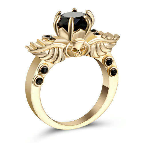 Stunning Gold Plated Black Crystal Ring - Size 6