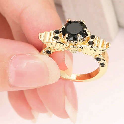 Stunning Gold Plated Black Crystal Ring - Size 6