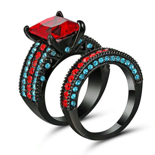 Stylish 2 Piece Black Gold Filled Red & Blue Crystal Ring - Size 7