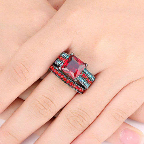 Stylish 2 Piece Black Gold Filled Red & Blue Crystal Ring - Size 7