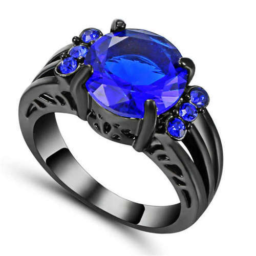 Beautiful Black Gold Filled Dark Blue Crystal Ring - Size 5 3/4
