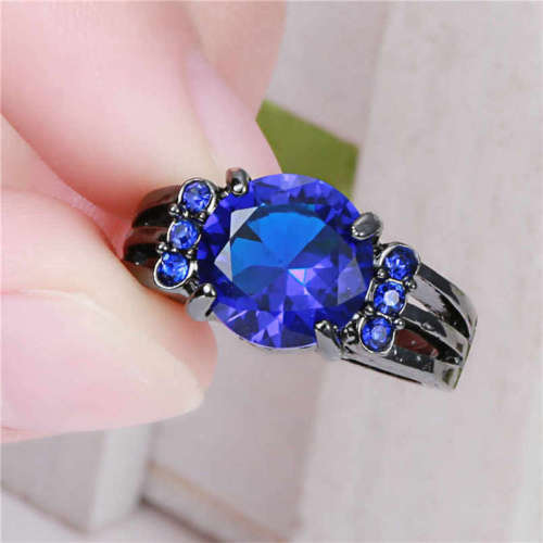 Beautiful Black Gold Filled Dark Blue Crystal Ring - Size 5 3/4