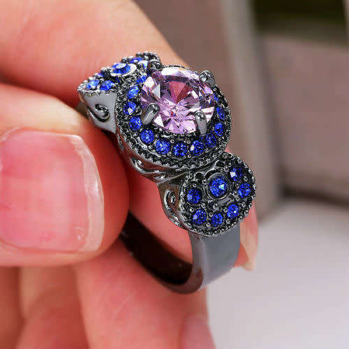 Black Gold Filled Blue & Pink Crystal Ring - Size 8 1/4