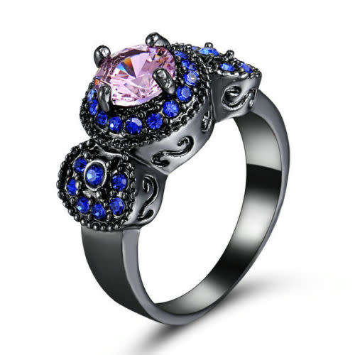 Black Gold Filled Blue & Pink Crystal Ring - Size 8 1/4
