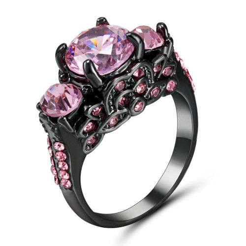 Black Gold Filled Pink Crystal Ring - Size 8