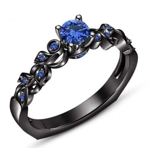 Elegant Black Gold Filled Blue Crystal Ring - Size 7