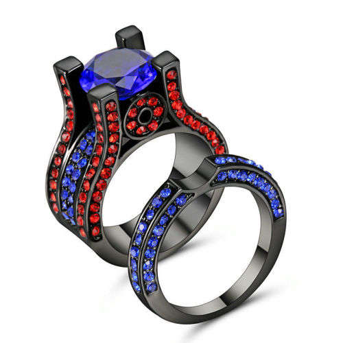 2 Piece Black Gold Filled Crystal Ring Set - Size 7