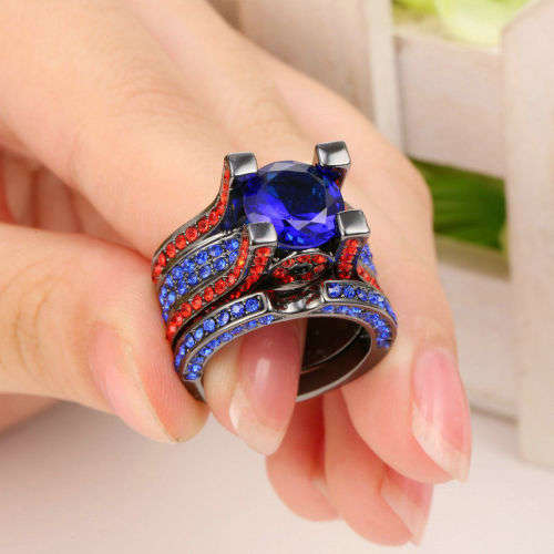 2 Piece Black Gold Filled Crystal Ring Set - Size 7