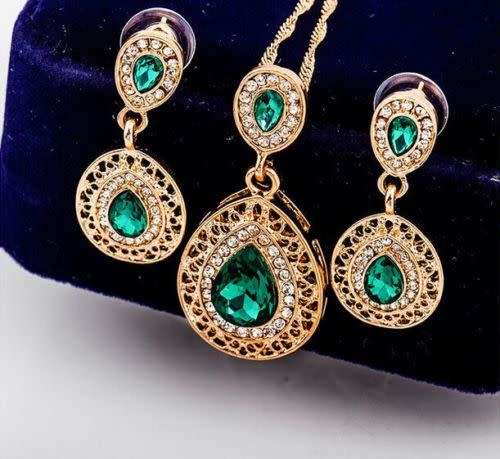 Exquisite Rhinestone Crystal Necklace & Earring Jewellery Set - Green