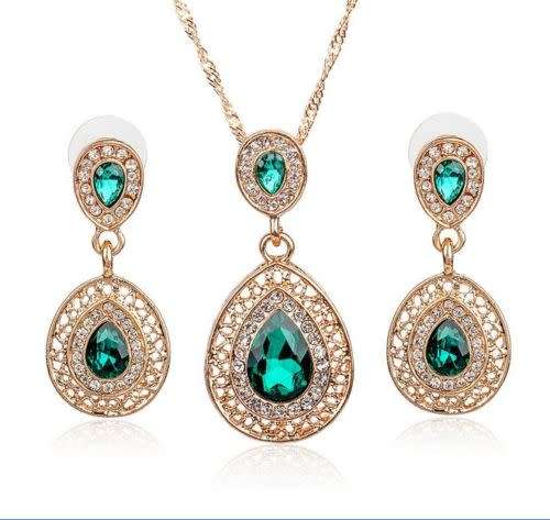 Exquisite Rhinestone Crystal Necklace & Earring Jewellery Set - Green