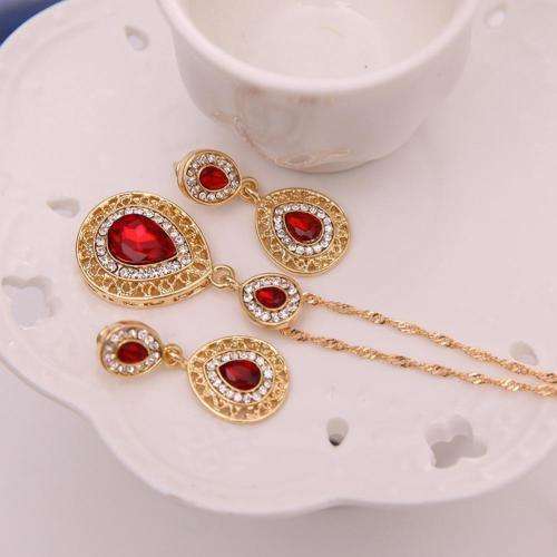 Exquisite Rhinestone Crystal Necklace & Earring Jewellery Set - Red