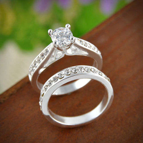 2 Piece White Gold Plated White Crystal Ring - Size 6 1/2