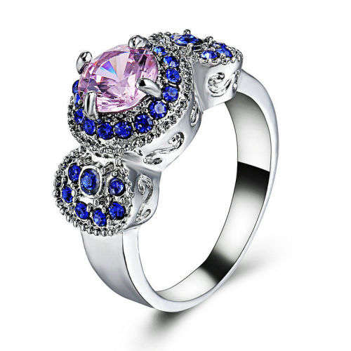 Elegant White Gold Filled Pink & Blue Crystal Ring - Size 8 1/4