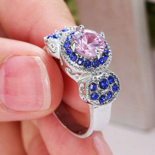 Elegant White Gold Filled Pink & Blue Crystal Ring - Size 8 1/4