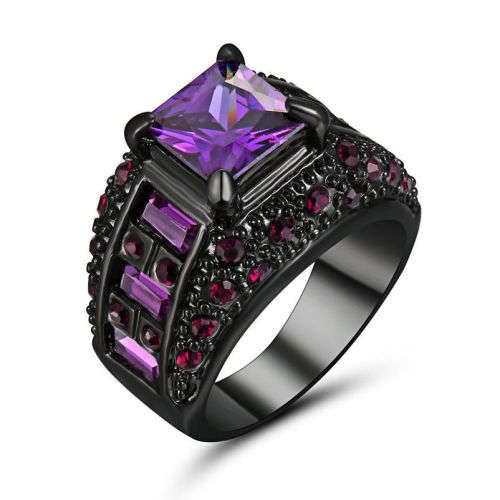 Elegant Black Gold Filled Amethyst Crystal Ring - Size 8 1/2